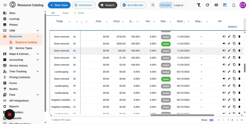 A web application interface showing a "Resource Catalog" with a sidebar menu on the left, a top navigation bar, and a main content area displaying a table of resources. The sidebar shows options like "Sites," "Livemap," "Photos," "CRM," "Resources," "Service Types," "Maps & Estimating," "Accounting," "Service History," "Time Tracking," "Pricing Contracts," "Forms," "Routes," "Fleet," "API Integrations," and "Reports." "Resources" and "Resource Catalog" are highlighted. The top bar includes butto