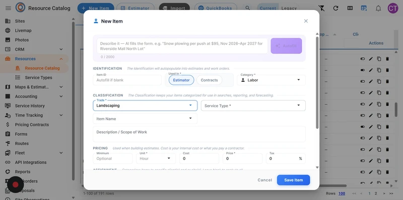 A modal window for creating a new item in a resource catalog. Fields include item description, ID, usage (Estimator or Contracts), category (Labor selected), trade (Landscaping selected), service type, item name, description/scope of work, pricing (minimum, unit, cost, price, tax), and assignment details. An "Autofill" button is present next to the description field, and "Cancel" and "Save Item" buttons are at the bottom.