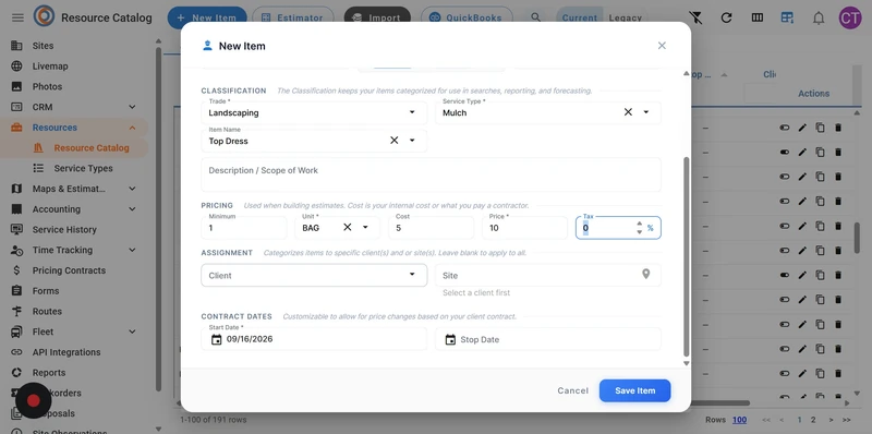 A modal window titled "New Item" is open, displaying fields for classifying, pricing, and assigning a new item. The "Trade" is set to "Landscaping" and "Service Type" to "Mulch". The "Item Name" is "Top Dress". Pricing details include a minimum of 1, unit as "BAG", cost of 5, price of 10, and tax of 0%. The start date for contract dates is 09/16/2026. A "Save Item" button is visible at the bottom right.