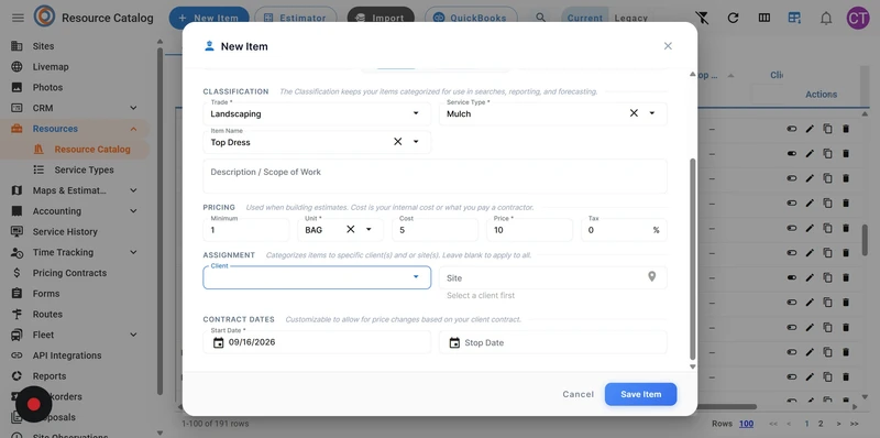 A modal window titled "New Item" is open, displaying fields for classifying, naming, pricing, assigning, and setting contract dates for a new item. The "Trade" is set to "Landscaping" and "Service Type" to "Mulch". The "Item Name" is "Top Dress". Pricing details include a minimum of 1, unit type "BAG", cost of 5, price of 10, and 0% tax. The start date is 09/16/2026. A "Save Item" button is visible at the bottom right of the modal.