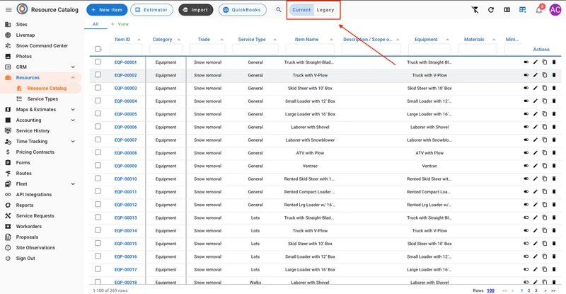 A web page showing a table of resource catalog items. The table has columns for Item ID, Category, Trade, Service Type, Item Name, Description/Scope, Equipment, Materials, and Actions. The "Current" and "Legacy" tabs are highlighted in red, with "Current" selected. The left sidebar shows navigation options like Resources, Service Types, Maps & Estimates, Accounting, Service History, Time Tracking, Pricing Contracts, Forms, Routes, Fleet, API Integrations, Reports, Service Requests, Workorders, P