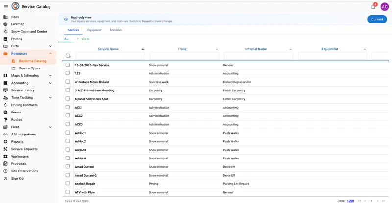 A web page showing a "Service Catalog" with a sidebar menu on the left. The "Resource Catalog" menu item is highlighted. The main content area displays a table with columns for "Service Name", "Trade", "Internal Name", and "Equipment". The table lists various services like "Snow removal", "Concrete work", and "Carpentry". A banner at the top indicates "Read-only view" and suggests switching to "Current" to make changes.