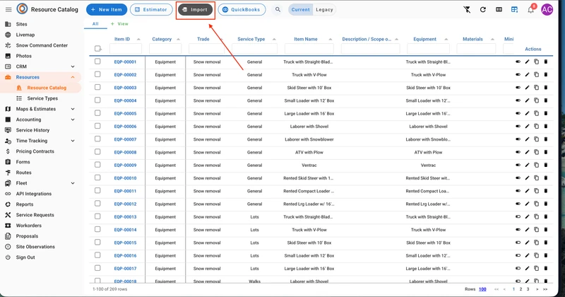 The "Resource Catalog" screen shows a table of items with columns for Item ID, Category, Trade, Service Type, Item Name, Description, Equipment, Materials, Mini, and Actions. The "Import" button is highlighted at the top of the screen.