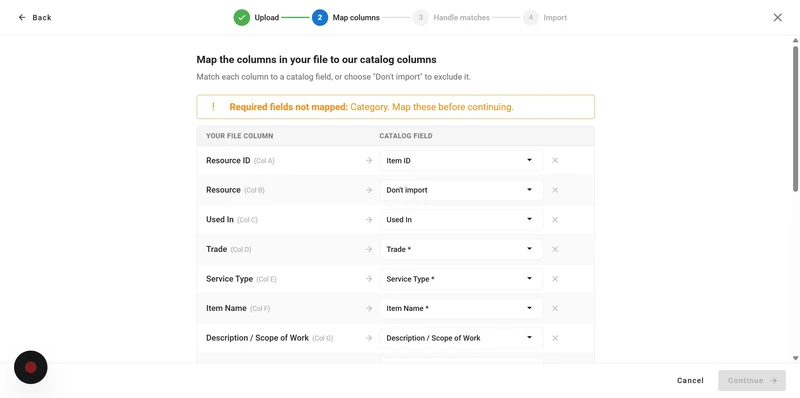 A wizard step titled "Map columns" shows a list of file columns and their corresponding catalog fields. An orange banner at the top reads "Required fields not mapped: Category. Map these before continuing." The "Continue" button is grayed out.