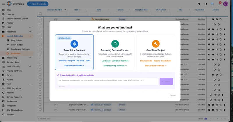 A modal window titled "What are you estimating?" offers three options: "Snow & Ice Contract," "Recurring Service Contract," and "One-Time Project." Below these options, there is a text field to describe a job for AI to build an estimate, with a "Build" button.