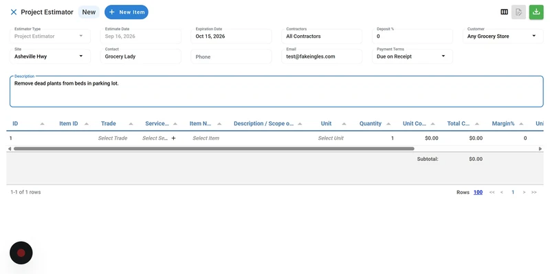 A project estimator form with fields for estimate type, dates, contractors, customer, site, contact, and a description. Below the header, there is a table to add line items with columns for ID, Item ID, Trade, Service, Item Name, Description/Scope, Unit, Quantity, Unit Cost, Total Cost, and Margin%. The description field contains "Remove dead plants from beds in parking lot." The table shows one row with placeholder text to select trade, service, and item.