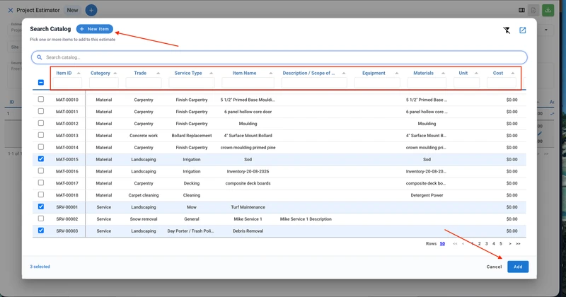 A modal window titled "Search Catalog" displays a list of items with columns for Item ID, Category, Trade, Service Type, Item Name, Description/Scope of, Equipment, Materials, Unit, and Cost. Several items are checked, including "MAT-00015" (Material, Landscaping, Irrigation, Sod), "SRV-00001" (Service, Landscaping, Mow, Turf Maintenance), and "SRV-00003" (Service, Landscaping, Day Porter / Trash Poli..., Debris Removal). A search bar is at the top, and a "+ New Item" button is next to the title