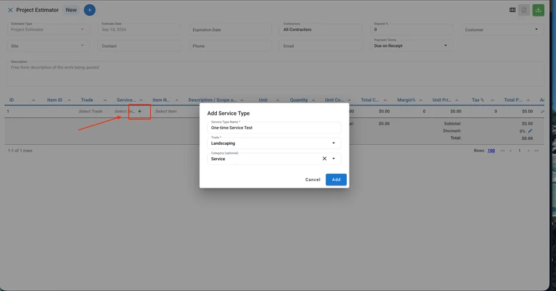 A pop-up window titled "Add Service Type" is open on top of the Project Estimator screen. The pop-up has fields for "Service Type Name" (pre-filled with "One-time Service Test"), "Trade" (pre-filled with "Landscaping"), and "Category" (pre-filled with "Service"). An orange arrow points from the "+ New Item" button on the Project Estimator screen to the "Add Service Type" pop-up.
