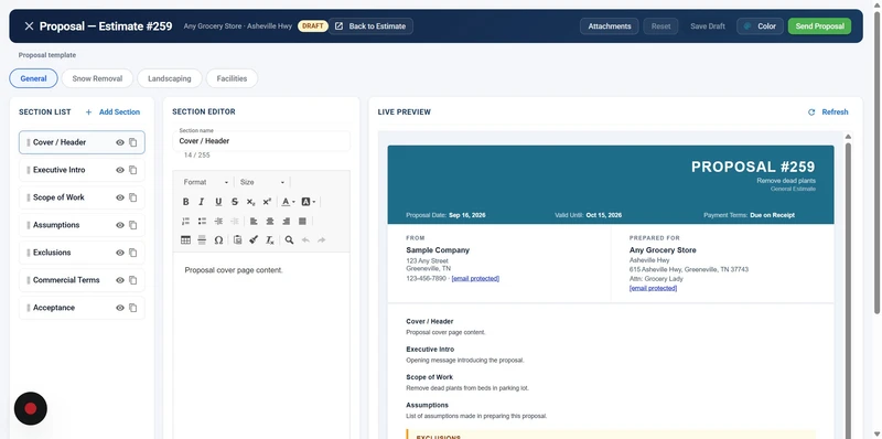 A web page titled "Proposal - Estimate #259" shows a proposal builder interface. The left panel, "SECTION LIST," displays sections like "Cover / Header," "Executive Intro," "Scope of Work," "Assumptions," "Exclusions," "Commercial Terms," and "Acceptance." The middle panel, "SECTION EDITOR," shows formatting tools and a text area for "Proposal cover page content." The right panel, "LIVE PREVIEW," displays a rendered proposal with a header for "PROPOSAL #259," details like "Proposal Date: Sep 16,