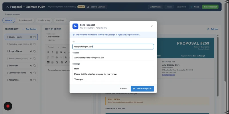 A modal window for sending a proposal is open, showing fields for recipient email, subject, and message. The email address 'test@fakeingles.com' is entered in the 'To' field, and the subject is 'Any Grocery Store - Proposal 259'. The message reads 'Hello, Please find the attached proposal for your review. Thank you.' Below the message are 'Cancel' and 'Send Proposal' buttons. The background shows a proposal builder interface with a 'Section List' on the left and a 'Section Editor' in the middle,