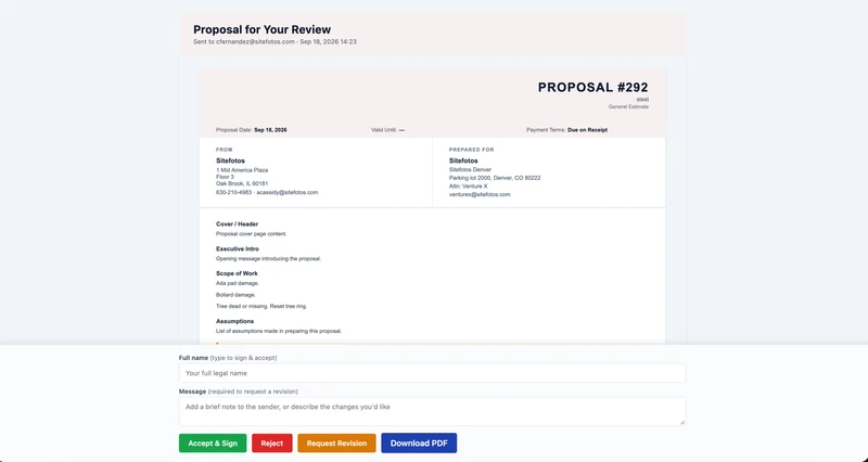 A proposal document for review, showing sections like Cover/Header, Executive Intro, Scope of Work, and Assumptions. It includes fields for full name, a message for revision, and buttons to Accept & Sign, Reject, Request Revision, and Download PDF.