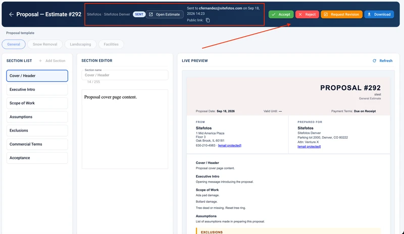 A screenshot of the proposal builder interface, showing a list of sections on the left, a section editor in the middle, and a live preview of the proposal on the right. The top bar indicates the proposal was sent and includes buttons to accept, reject, request revision, or download the proposal.
