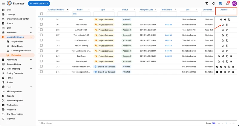 A table of estimates with columns for estimate number, name, type, status, accepted date, work order, site, customer, and actions. The "Actions" column is highlighted with a red box and an arrow points to the document icon in the second row of the "Actions" column.