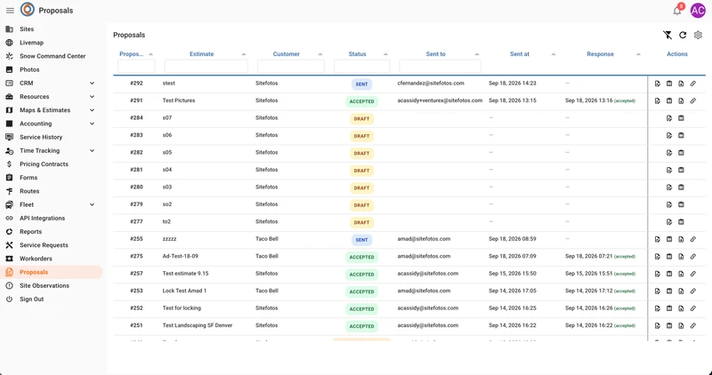 A table of proposals with columns for proposal number, estimate, customer, status, recipient, sent date, response, and actions. The table shows proposals in 'SENT', 'ACCEPTED', and 'DRAFT' statuses, with some accepted proposals showing a response date.