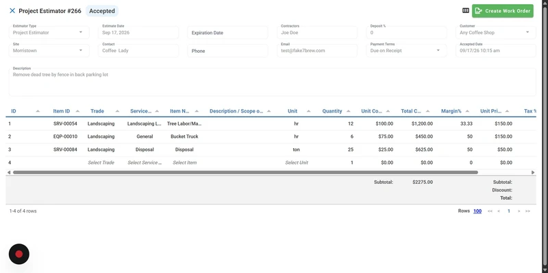A web page titled "Project Estimator #266" with a green "Accepted" status. The page displays estimate details including estimator type, estimate date, site, contact, description, contractors, email, deposit percentage, payment terms, customer, and accepted date. Below these details is a table listing four service items with columns for ID, Item ID, Trade, Service, Item Name, Description/Scope, Unit, Quantity, Unit Cost, Total Cost, Margin%, Unit Price, and Tax%. The table shows a subtotal of $22