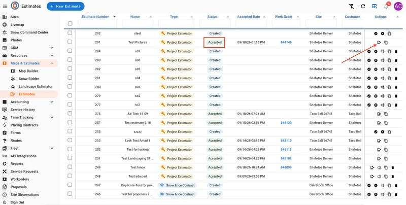 A web page showing a table of estimates. The "Estimates" option is selected in the left navigation bar. The table has columns for Estimate Number, Name, Type, Status, Accepted Date, Work Order, Site, Customer, and Actions. An arrow points to the "Actions" column for the row with "Test Pictures" as the name, highlighting the icon to create a work order.