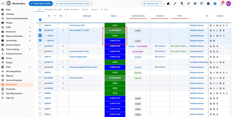 A table of work orders with columns for ID, Estimate, Status, Service Status, Invoice #, Bill #, Site, and Actions. The Status column shows "OPEN", "IN_PROGRESS", and "COMPLETED" statuses in green and blue buttons. The Service Status column shows "Logged", "Invoiced", "Invoiced/Billed", and "Approved" statuses. The Actions column contains icons for editing, deleting, and other actions. A sidebar on the left lists navigation options like Sites, Livmap, Photos, CRM, and Workorders, with Workorders