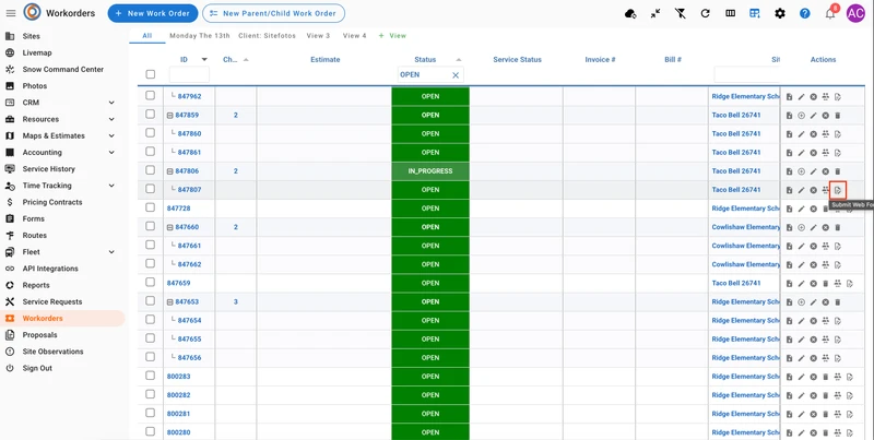A table of work orders with columns for ID, Estimate, Status, Service Status, Invoice #, Bill #, and Actions. The "Workorders" item in the left navigation bar is highlighted. A red box highlights the "Submit Web Form" icon in the Actions column for a work order with ID 847806.