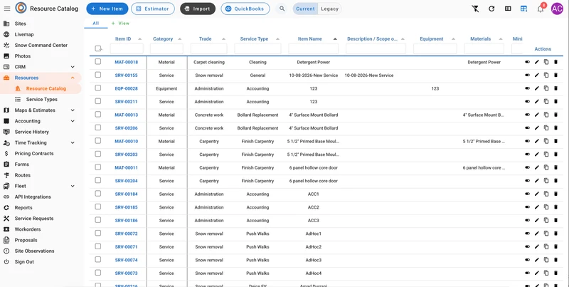 A web application interface displays a table of resources with columns for Item ID, Category, Trade, Service Type, Item Name, Description/Scope, Equipment, Materials, Mini, and Actions. The table lists various items such as materials for carpet cleaning and concrete work, and services like snow removal, administration, and carpentry. Each row includes checkboxes, item IDs (e.g., MAT-00018, SRV-00155), categories (Material, Service, Equipment), and specific details for each resource. The left sid