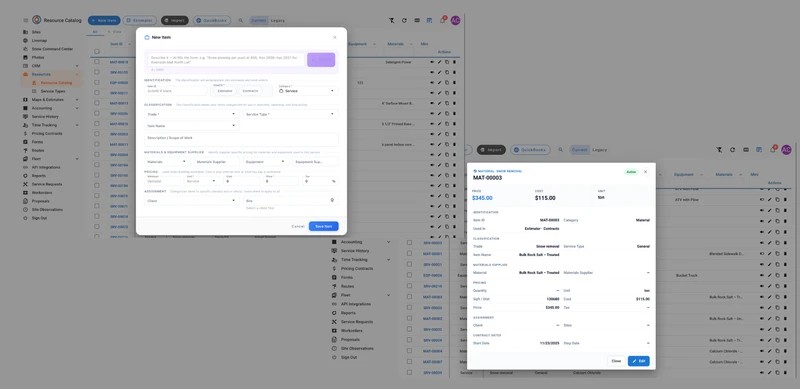 A software interface with a left navigation menu showing "Resource Catalog" selected. The main content area displays a table of items with columns for Item ID, and checkboxes. Two modal windows are open on top of the table. The left modal, titled "New Item," has fields for item description, ID, classification (trade, service type), item name, description/scope of work, materials & equipment supplier, pricing (unit, cost, price, tax), and assignment (client, site). The right modal, titled "MATERI