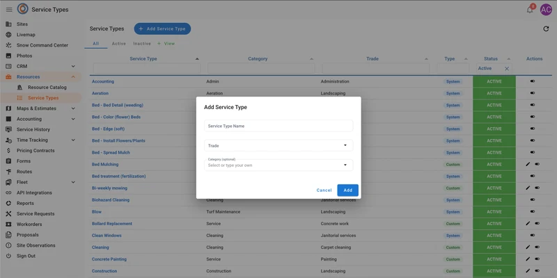 A modal window titled "Add Service Type" is open on a "Service Types" page. The modal has fields for "Service Type Name," "Trade," and an optional "Category." The "Service Types" page lists various services with their categories, trades, types, and statuses, and includes a button to "Add Service Type."