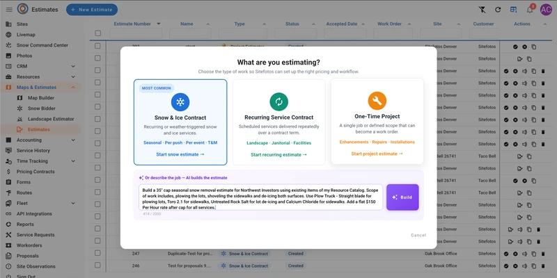 A modal window titled "What are you estimating?" offers three options: "Snow & Ice Contract," "Recurring Service Contract," and "One-Time Project." Below these options, a text box allows users to describe a job for AI-powered estimate building, with a "Build" button next to it.