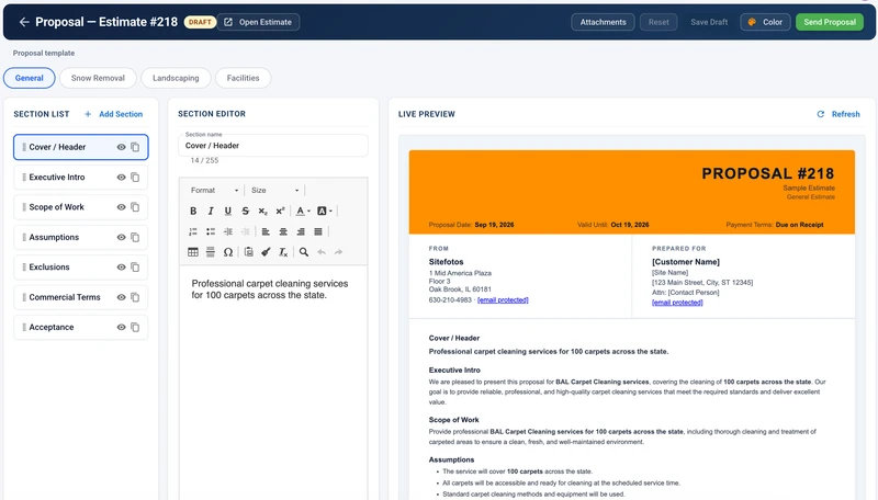 A screenshot of the proposal builder interface, showing a 'Live Preview' of a proposal for carpet cleaning services. The left panel shows a 'Section List' with items like 'Cover / Header', 'Executive Intro', and 'Scope of Work'. The middle panel is a 'Section Editor' for the 'Cover / Header' section, with text formatting options and the text 'Professional carpet cleaning services for 100 carpets across the state'. The right panel displays the 'Live Preview' of the proposal, including a header wi