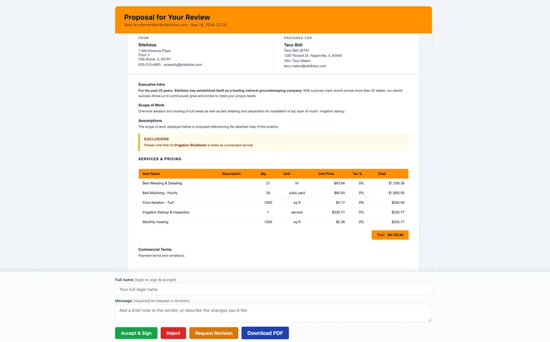 A digital proposal for review, showing sender and recipient details, an executive introduction, scope of work, assumptions, exclusions, and a table of services and pricing totaling $4,152.84. Below the proposal are fields for full name, a message for revisions, and buttons to 'Accept & Sign', 'Reject', 'Request Revision', or 'Download PDF'.