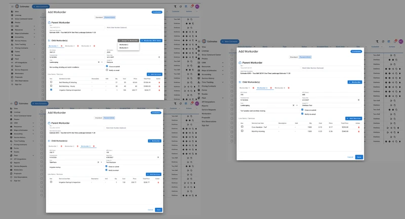 A software interface for adding a work order, showing a parent work order for "Taco Bell 26741" and three child work orders with details like scheduled date, form, assigned personnel, and line items with quantities, costs, and prices.