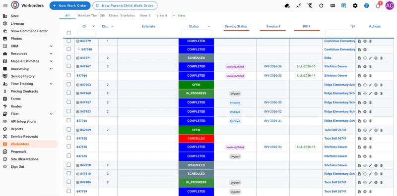 A dashboard displays a list of work orders with columns for ID, Estimate, Status, Service Status, Invoice #, Bill #, Site, and Actions. Statuses include COMPLETED, SCHEDULED, OPEN, IN_PROGRESS, and CANCELLED, indicated by different colored backgrounds. Service Statuses include Invoiced/Billed, Logged, and Invoiced. The left sidebar shows navigation options like Sites, Livemap, Photos, CRM, Resources, Maps & Estimates, Accounting, Time Tracking, Pricing Contracts, Forms, Routes, Fleet, API Integr