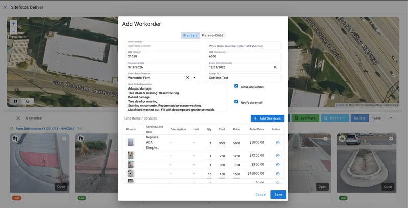 A modal window titled "Add Workorder" is open over a map and a gallery of images. The modal contains fields for site selection, work order details, scheduled and expiry dates, form template, work order description, and assigned personnel. Below these fields, a table lists line items/services with columns for photos, service/line item, description, unit, quantity, cost, price, total price, and action. Checkboxes for "Close on Submit" and "Notify via email" are also visible. Buttons to "Add Servic