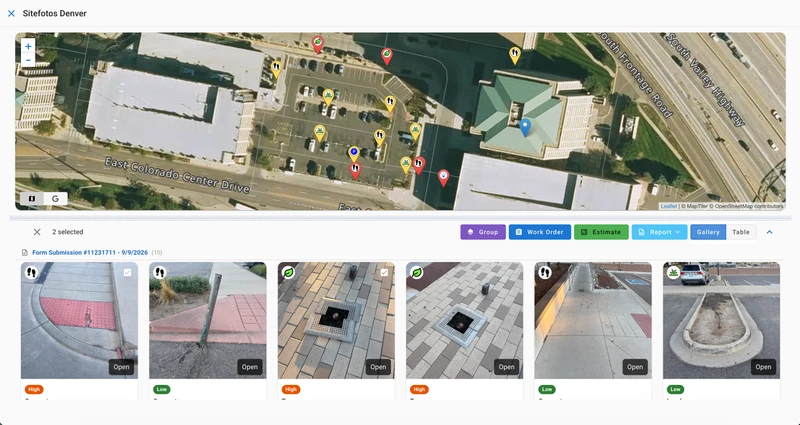 A web page showing an aerial map of a city block with various pins, and below it, a gallery of six images. The images show different outdoor scenes, including a sidewalk with a red tactile paving, a broken sidewalk with a metal pole, a square grate in a paved area, another square grate in a paved area, a concrete sidewalk, and a landscaped median in a parking lot. Each image has an "Open" button and a colored tag indicating "High" or "Low" status.