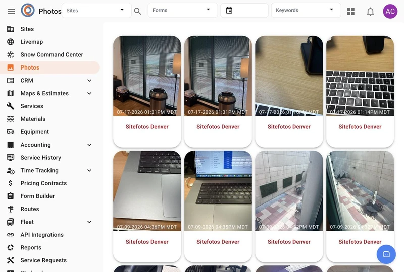 A web page showing a photo gallery with a left navigation menu and a filter bar at the top. The navigation menu has options like "Sites", "Livemap", "Snow Command Center", and "Photos" highlighted. The filter bar includes fields for "Sites", "Forms", and "Keywords". The main content area displays a grid of photo cards, each showing a thumbnail image, a date and time stamp, and "Sitefotos Denver" below it.