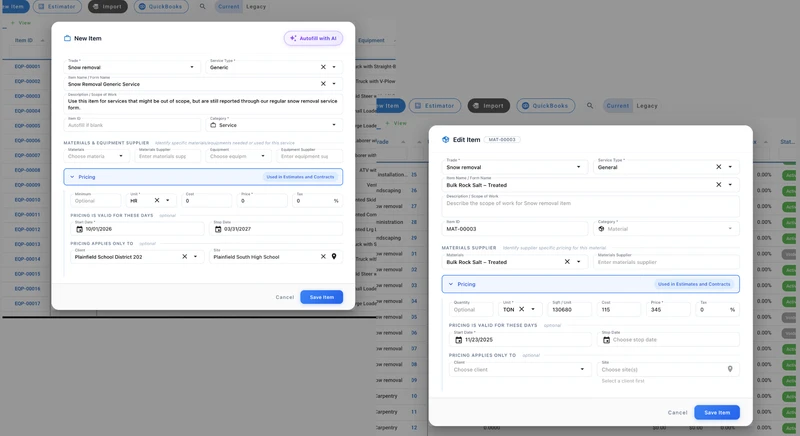 A split screen shows two pop-up windows for editing items. The left window, titled "New Item," is for a snow removal service, with fields for trade, service type, item name, description, item ID, category, materials, equipment, and pricing details including start and stop dates, and client/site specificity. The right window, titled "Edit Item MAT-00003," is for bulk rock salt, with fields for trade, service type, item name, description, item ID, category, materials supplier, and pricing details 